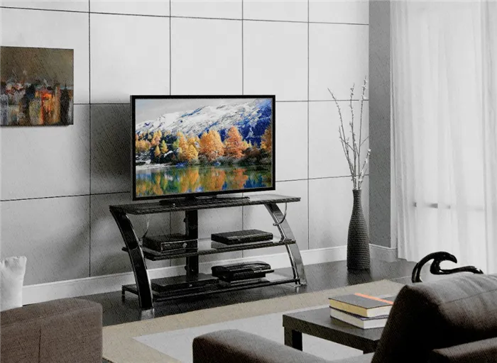 китайский телевизор стоит на стойке под телевизор с ДВД, Блю рей и Сони плейстейшион
