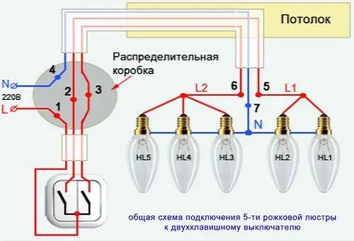 Как подключить люстру к двухкнопочному выключателю с пятью лампами