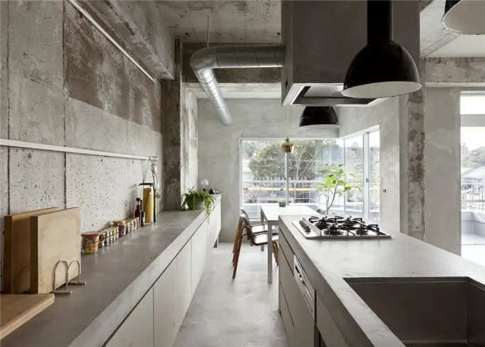 Серая бетонная поверхность кухонных столешниц