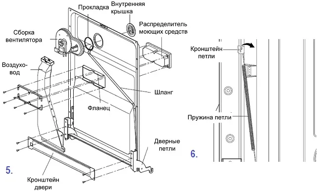 Схема отделения воздуховода и прилегающих компонентов при самостоятельной разборке посудомоечной машины