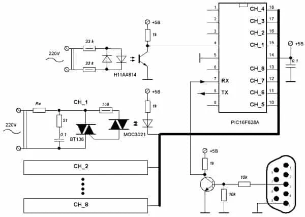 Принципиальная схема 8-канального диммерного выключателя.