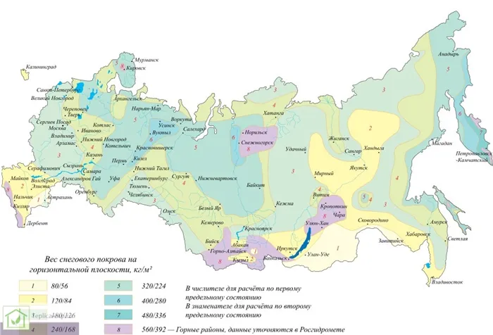 Снеговая нагрузка в различных регионах Российской Федерации