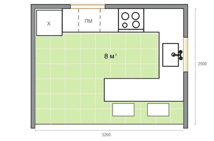 планировка кухни площадью 8 кв м