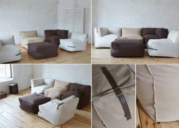 Бескаркасный модульный диван с декоративными ремешками из кожи