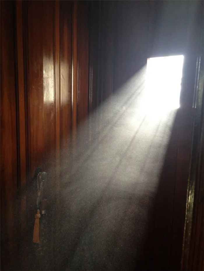 Лучи солнца проникают через окно и освещают пыль в комнате