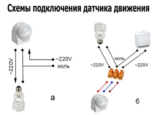На фото: а) подключение датчика без выключателя; б) подключение с выключателем.