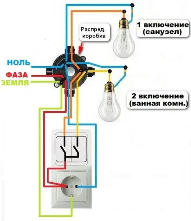 схема подключения блока выключатель-розетка для ванной и туалета
