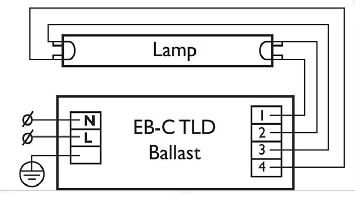 Схема подключения одной лампы к ЭПРА