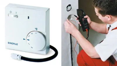 Термостат монтируется в выбитое в стене углубление так же, как и обычный выключатель