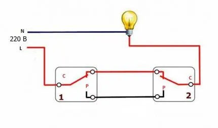 Схема действия проходного выключателя