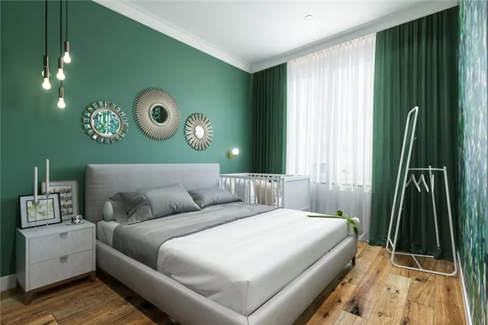 Темно-зеленый цвет в дизайне спальни