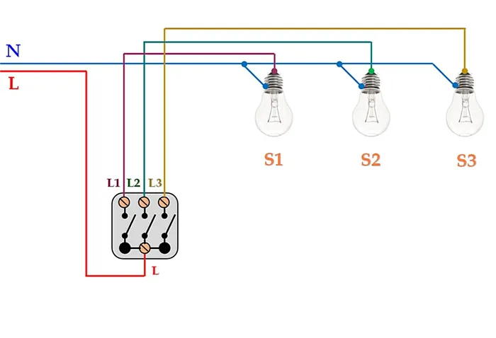 Стандартная схема коммутации трехклавишного выключателя для управления тремя различными осветительными приборами