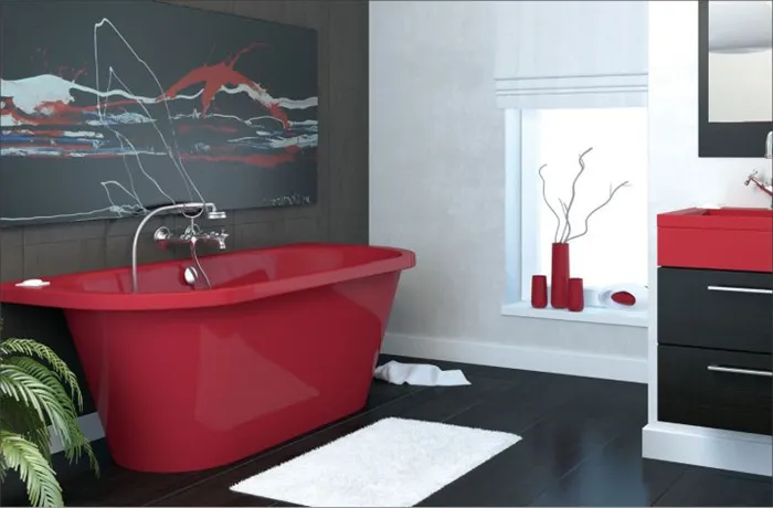 Красная акриловая ванна в интерьере хай-тек