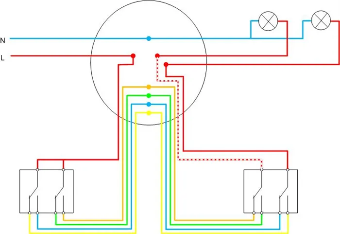 Как подключить двухклавишный проходной выключатель — схема