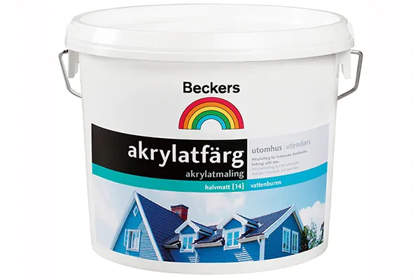 К примеру, краска Akrylatfarg предназначена для наружных работ, неприхотлива к составу поверхности и после высыхания даёт мягкий полуматовый оттенок, который долго не выгорает даже под палящим солнцем