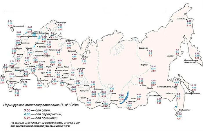 Карта-схема территории России для определения нормированных значений сопротивлений теплопередаче.