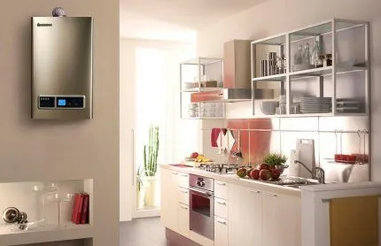 Современный стиль интерьера на кухне с колонкой