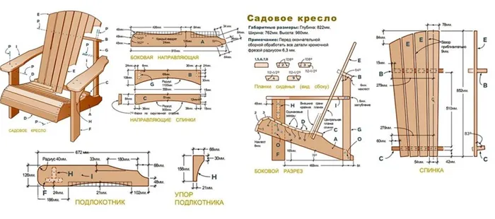 На схеме показаны чертежи для изготовления кресла