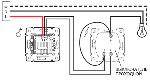 схема подключения диммера совместно с проходным выключателем