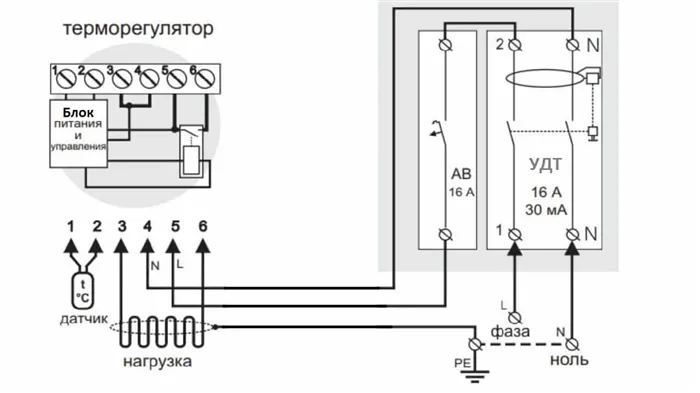 Схема подключения терморегулятора через автоматический выключатель