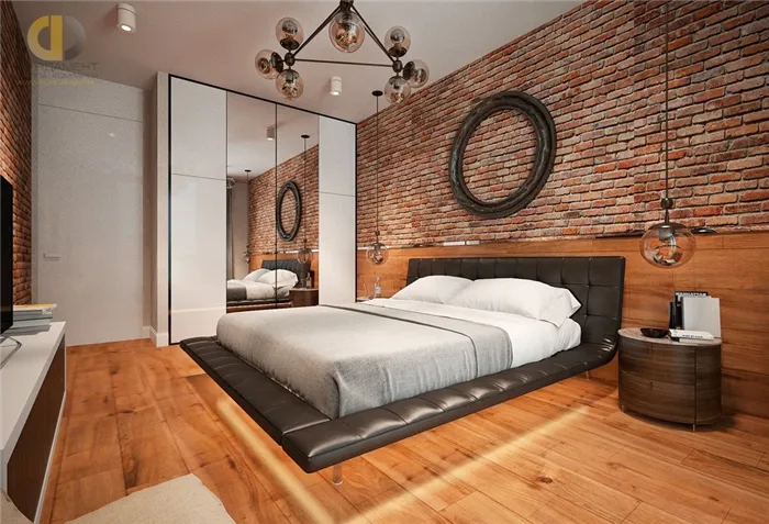 Спальня в квартире в новостройке в стиле лофт. Фото 2022 года