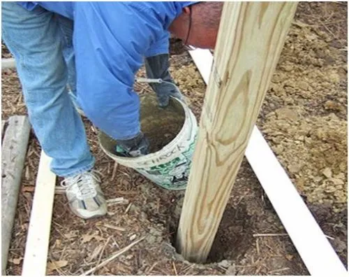 Бетонирование основания столба для деревянного забора