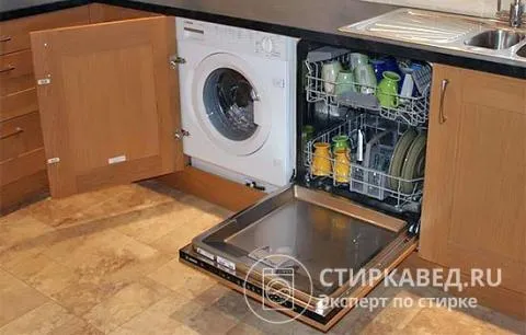 Посудомоечная и стиральная машинки встроены в мебель рядом с мойкой